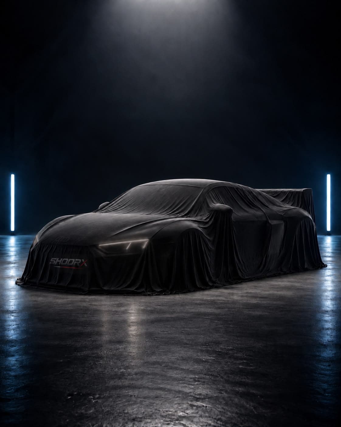 Verhülltes Fahrzeug mit SHOORX-Logo im dunklen Showroom